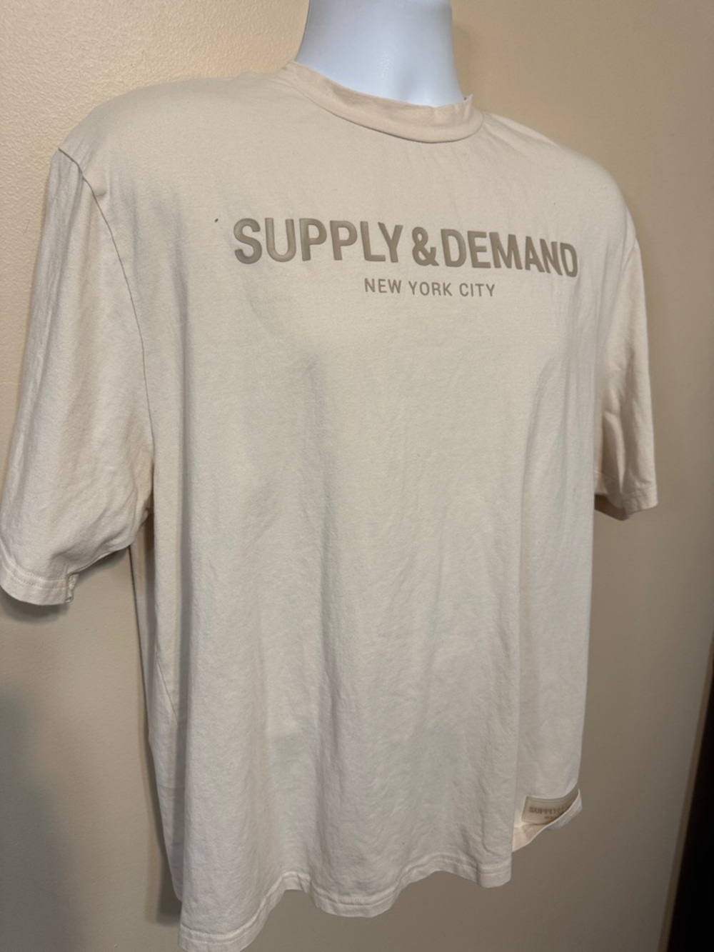 Supply & Demano Cream Short-Sleeve Logo Tee. Size Medium